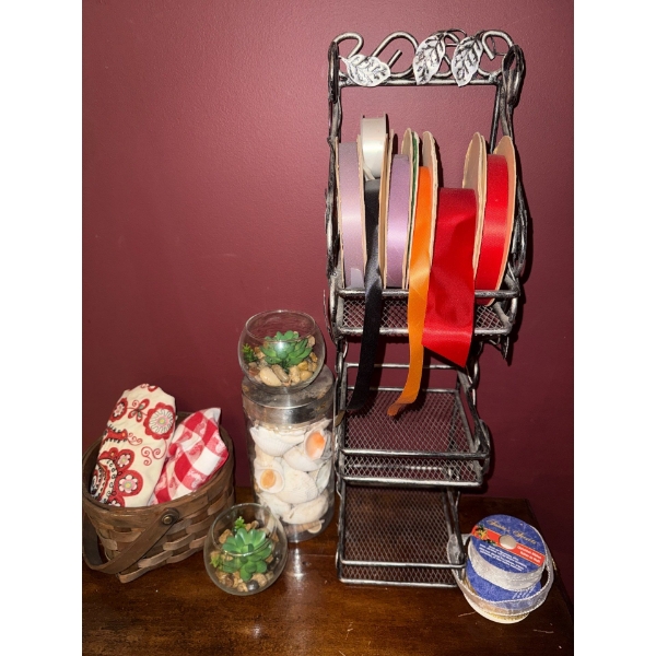 Craft Curio w/ Faux Succulants Jar Of Sea Shells Assorted Ribbon Rolls Basket & More