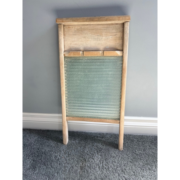 Antique Ribbed Glass Wood Washboard24 in tall x 12 in wide Glass 10.5 in wide x 12 in high