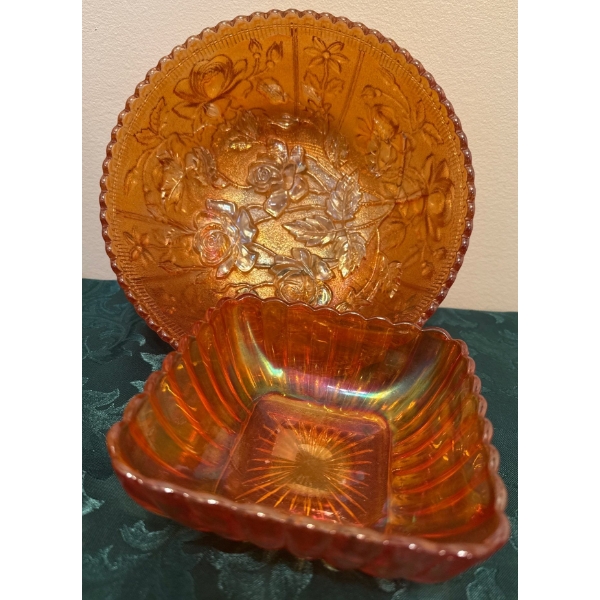 Lustre Rose Fruit Bowl & Pillar Flute Square Bowl  Marigold Carnival Glass-Imperial Co.