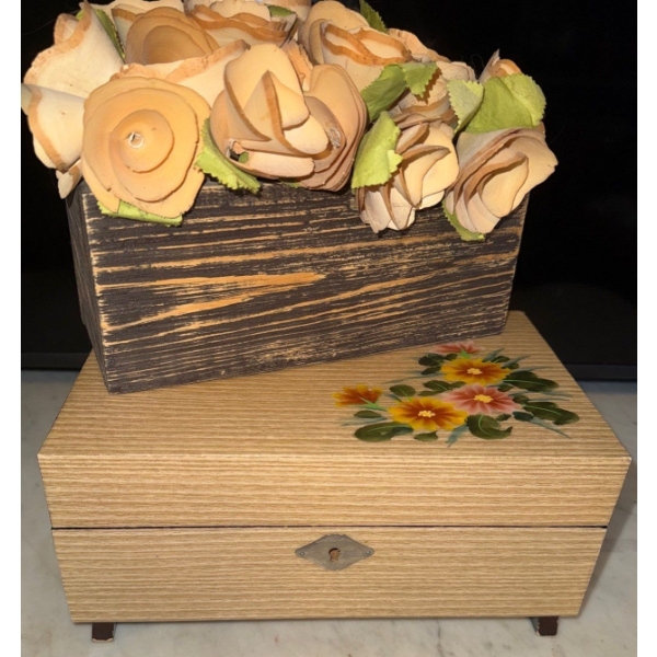 Vintage Jewelry Casket 12Long w/ Built In Music Box & Foral Centerpiece