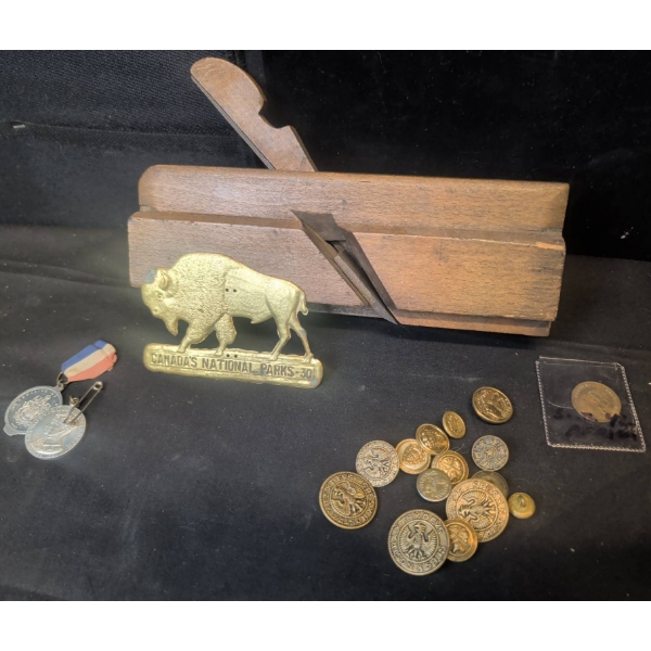 Vintage Variety - Coins, Medals, Brass Plaque, and Wooden Plane