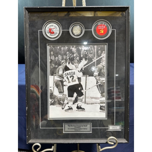 "The Shot Heard Around the World"  Framed Photo with Autographed Pucks 19Wx25H 