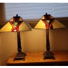 Twin Tiffany Inspired Table Lamps - Stained Glass w/ Wraught Iron Base - Pull Chord 17T