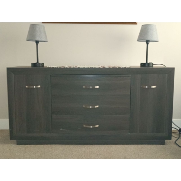 Large Three Drawer Dresser w/ Two Cupboards & Two Lamps  61" x 16" x 30" tall