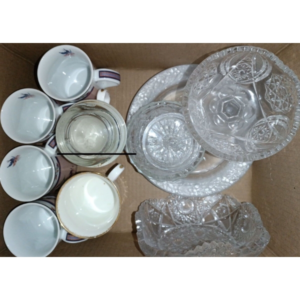 Box Of Kitchen Dishes  Mugs & Crystal Dishes