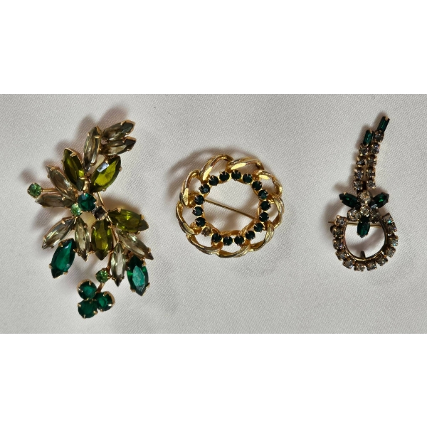 Three Vintage Green Gold-Tone Rhinestone Brooches with Green and Clear Stones