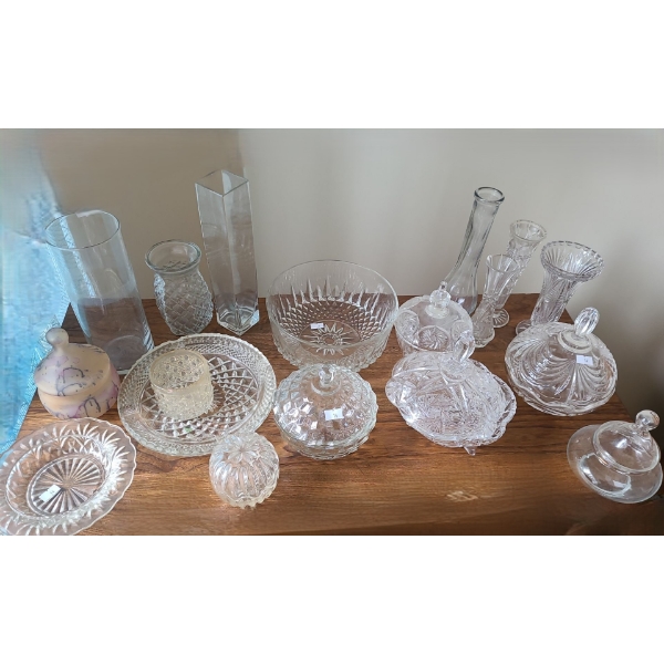 Assortment of Glassware Including Candy Dishes, Largest 8 " Diameter and Vases
