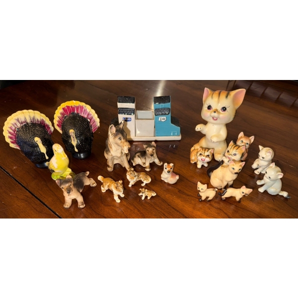 Collection Of Vintage Ceramic Figurines- Lucky Cat, Dogs & Cats & Turkey SNP Shaker