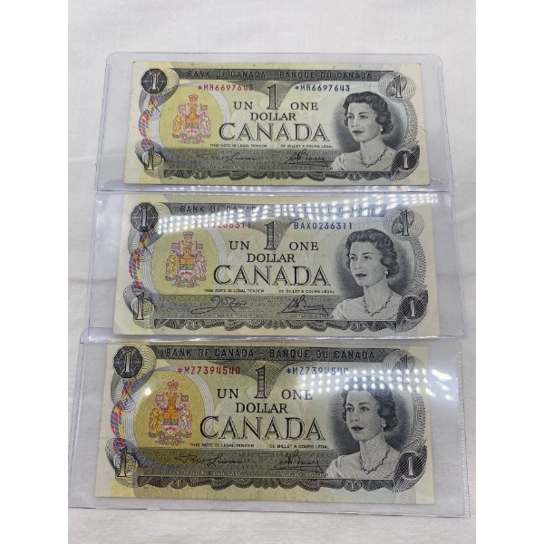 3 Canadian 1973 $1.00 Bills Prefix *MR BAX *MZ
