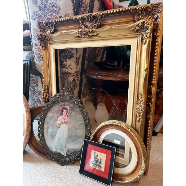 collection of grate vintage frames no glass pink lady print to small round frames and a vintage Germ
