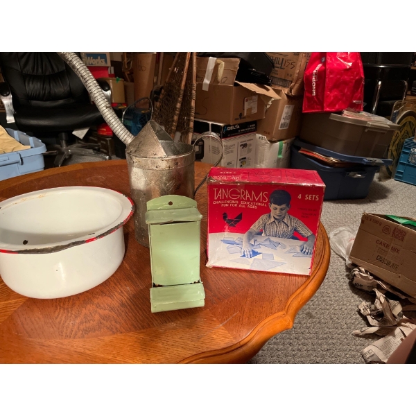  Vintage oil can with a match stick box, origami kit and a bed pan