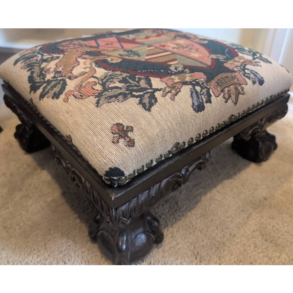 Embroidered Footstool with Coat of Arms Design and Carved Wooden Base