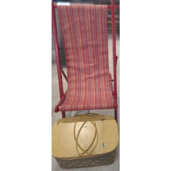 Folding Striped Red Sling Back Adjustable Chair & Large Hawkeye Basket. Chair 22 w 37 d 41 h