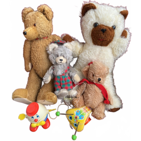 4 Plush Bears and 2 Vintage Fisher Price Toys