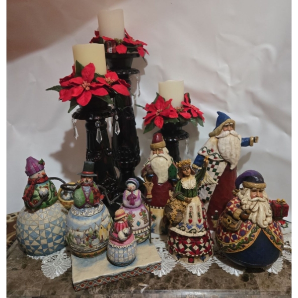Holiday Decor Collection - Candle Holders, Snowman Family, Santas (Hand Damaged on Woman) 