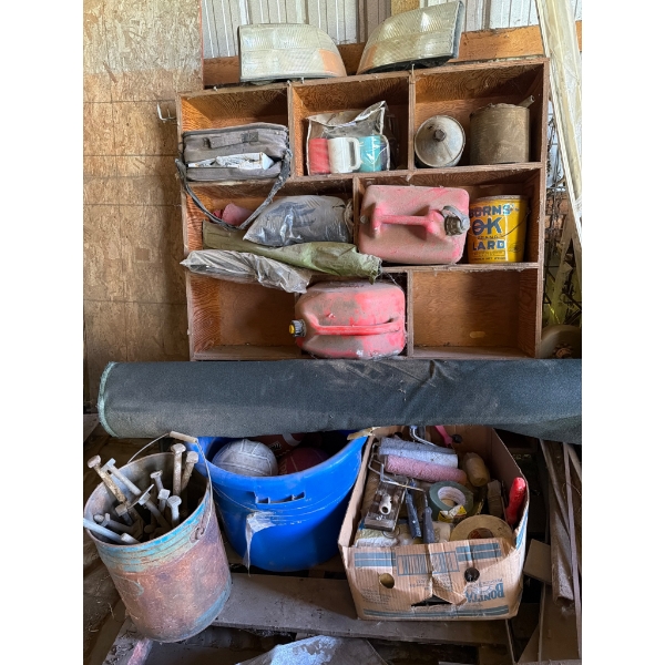 Wooden Shelving Unit with Assortment of Supplies
