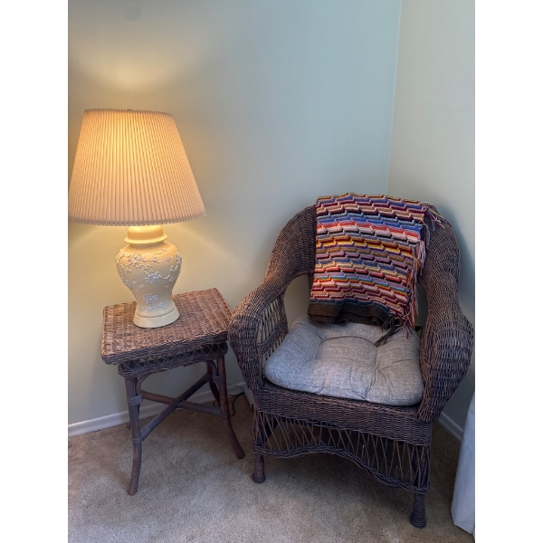 Wicker Armchair, Side Table, and Ceramic Lamp Set with Accessories