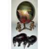 Image 1 : Hand Painted Safari Ostrich Egg w/brass stand & Two Elephant Figurines 8"tall