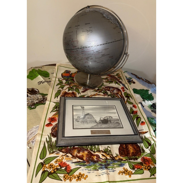 Drexal Heritage World Globe (silver finish) Barn Print & Vintage Tea Towels