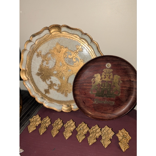 Antique Drawer Pulls w/ Hamburg Code Of Arms Wood Plate & Italian Tray 