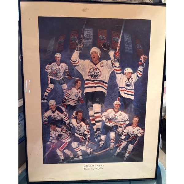 Framed Edmonton Oilers Poster Titled "Captains Legacy Celebrating 20 Years" (1999)