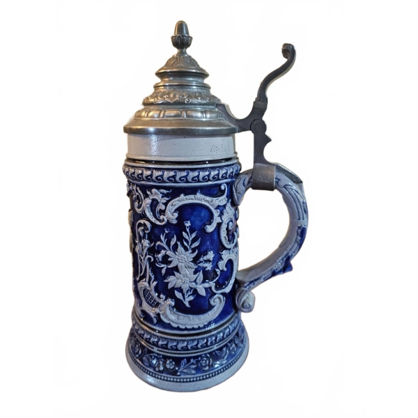 Ornate German Beer Stein with Pewter Lid 10''H