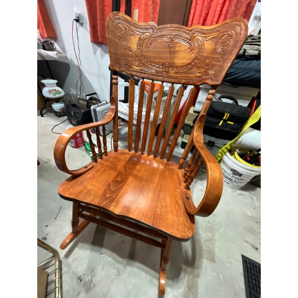 beautiful wood rocking chair with towel, hangers, water, jug, and other miscellaneous items all sold
