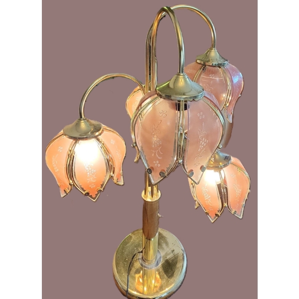 Table Lamp w/ 5 Pink Glass Flower Bud Heads and Brass Base 12" Diameter, 37 T 