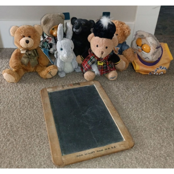 Assorted Collectible Teddy Bears w/ Antique Slate for The Classroom  +Garfield Stuffy
