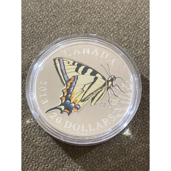 2013 Canadian $20 Silver Coin Featuring Tiger Swallowtail Butterfly With Box