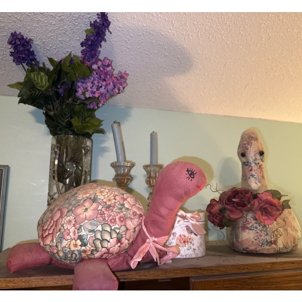 Vintage Shelf Decor - Plush Turtle & Swan Large Floral Vessel & More
