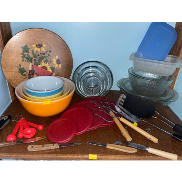 Stack of Rainbow PYREX Mixing Bowls, Lazy Susan, Clear Bowl Set & More  Vintage Utensils Too!!