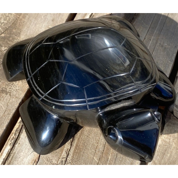 Large Hand Carved Black Obsidian Aztec Turtle Statue Green Shimmer 6 Pounds