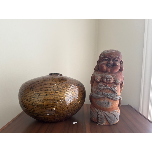 Oriental Decor - Wooden Carved Buddah (15T) , Vase (Some Chipping)