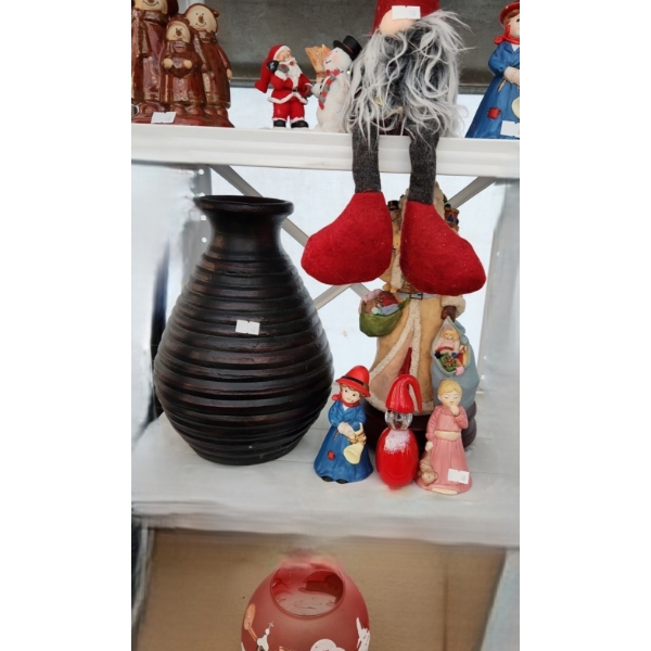 Trio of Snowmen 4 W, 5.5 T, Wooden Vase 4" Top, 11 T, Red Glass "Santa" 5 T, Winter Scene Glass 6 T