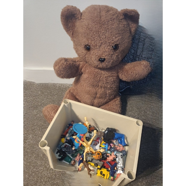 Vintage Teddy Bear 14 W, 23 T and Small Bin of Toys
