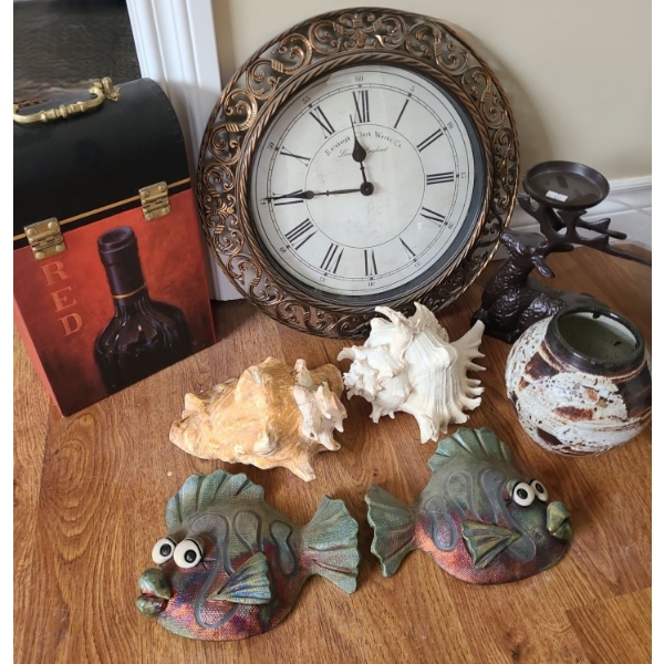 Storage Box w/ Wine Motif 8 W, 4 D, 13.5 T, Decorative Wall Clock 16" Diameter, Fish 8 X 7 and More!