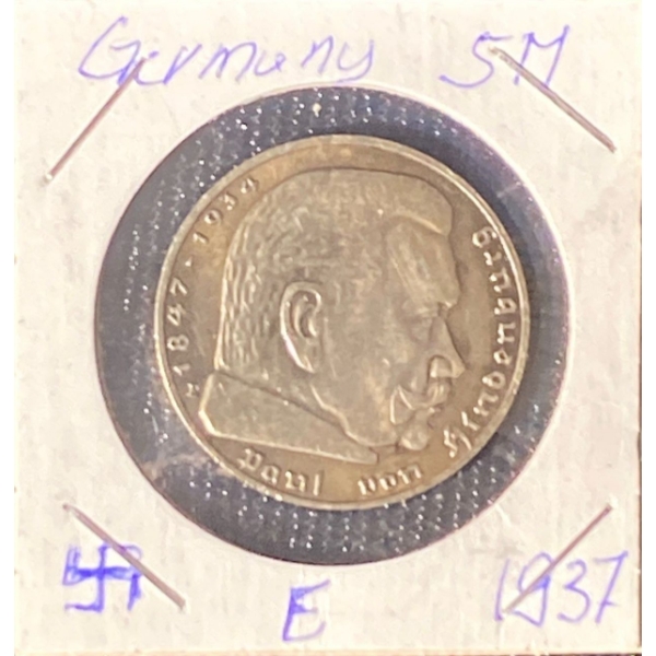 1937 German 5 Reichsmark Coin 90% Silver 13.88 Grams