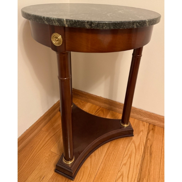 Elegant Stone Top Mahogany End Table 34T Black Marble Brass Embelishment