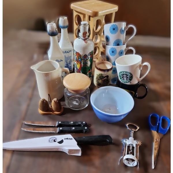 - Vintage Pyrex Blue Bowl 5.5" Diameter Top, Mugs: w/ Train Motif 8 T, Spice Bottle Holder and More!