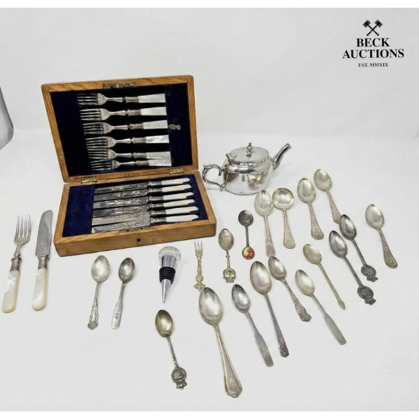 Elegant Electroplated Cutlery in Velvet Lined Wood Box, Collectable Spoons and Teapot