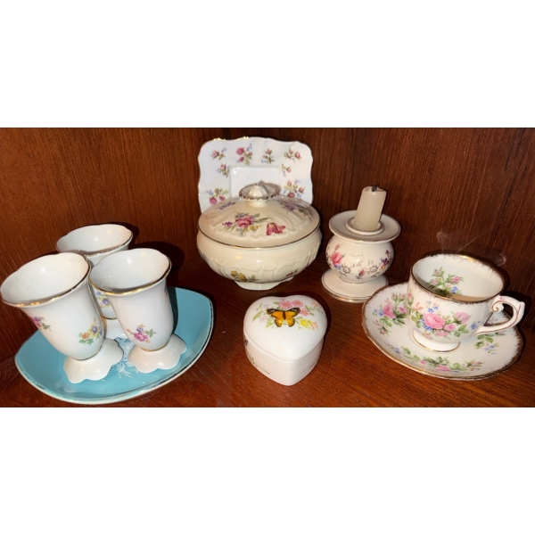 Collection of Vintage Porcelain Items- Floral Tea Cup & Saucer, Sugar Bowl, Heart Shaped Trinket Box