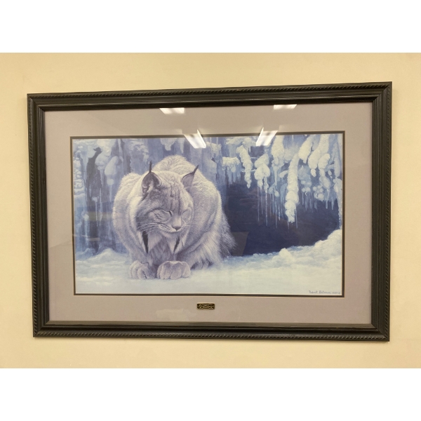 Framed Robert Bateman 1987 Print Featuring Lynx in Winter Scene