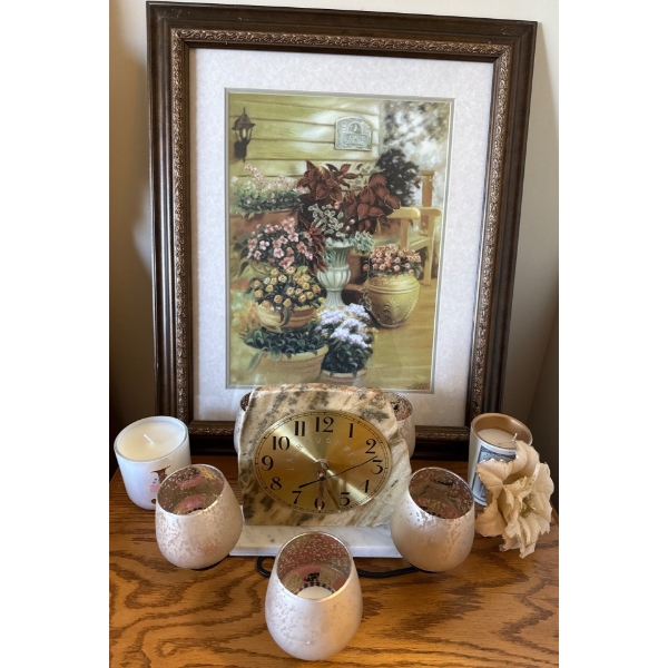 Onyx Executive Desk Clock Candelabra Decorative Candles & Floral Art Print