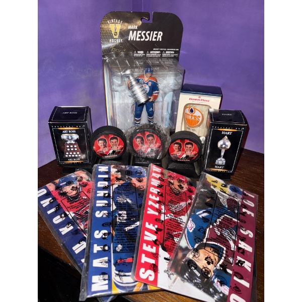 Collection Of Vintage Hockey Memorabilia-Action Figures & Trading Cards & Pucks