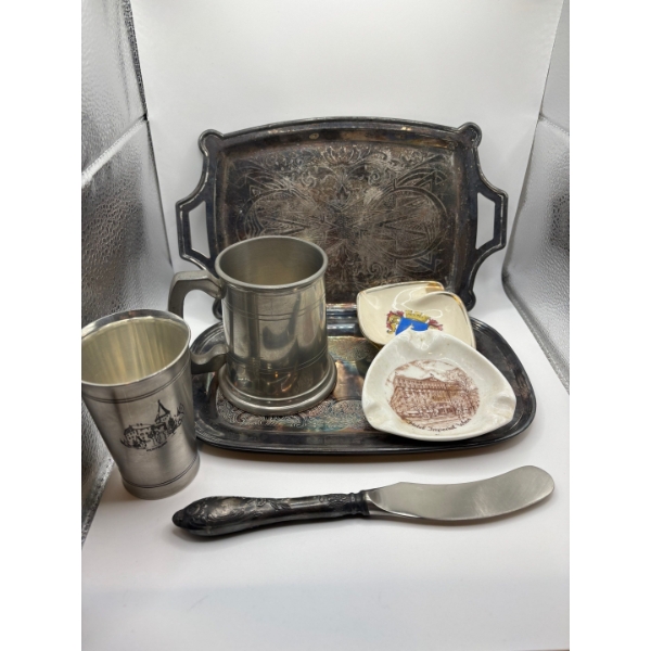 silver plated, serving platters, vintage ashtrays, and two vintage pewter cups N20
