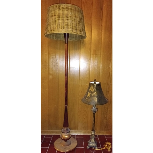 Boho Tall Wooden MCM Standing Lamp w/wicker Lampshade & Vintage Buffet Lamp w/Shade  Tallest is 62" 
