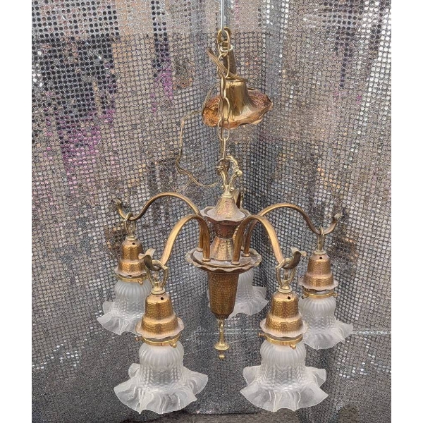 Brass Chandelier with Frosted Glass Shades and Adjustable Light Arms