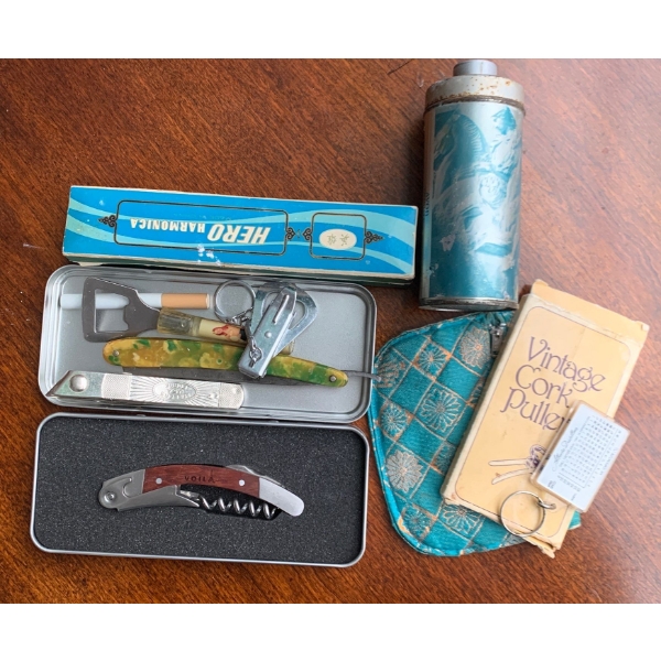 Various Vintage  Items - Harmonica, Cork Puller, Shaving Items, Baby Powder & More
