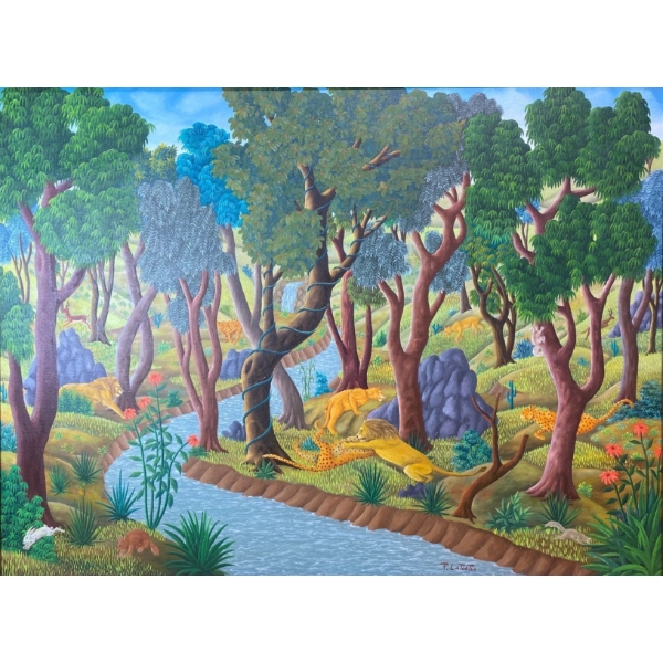 F. Latortue "Folk" Painting- Jungle Scene, Vivid Trees ( Measurements in Pictures)